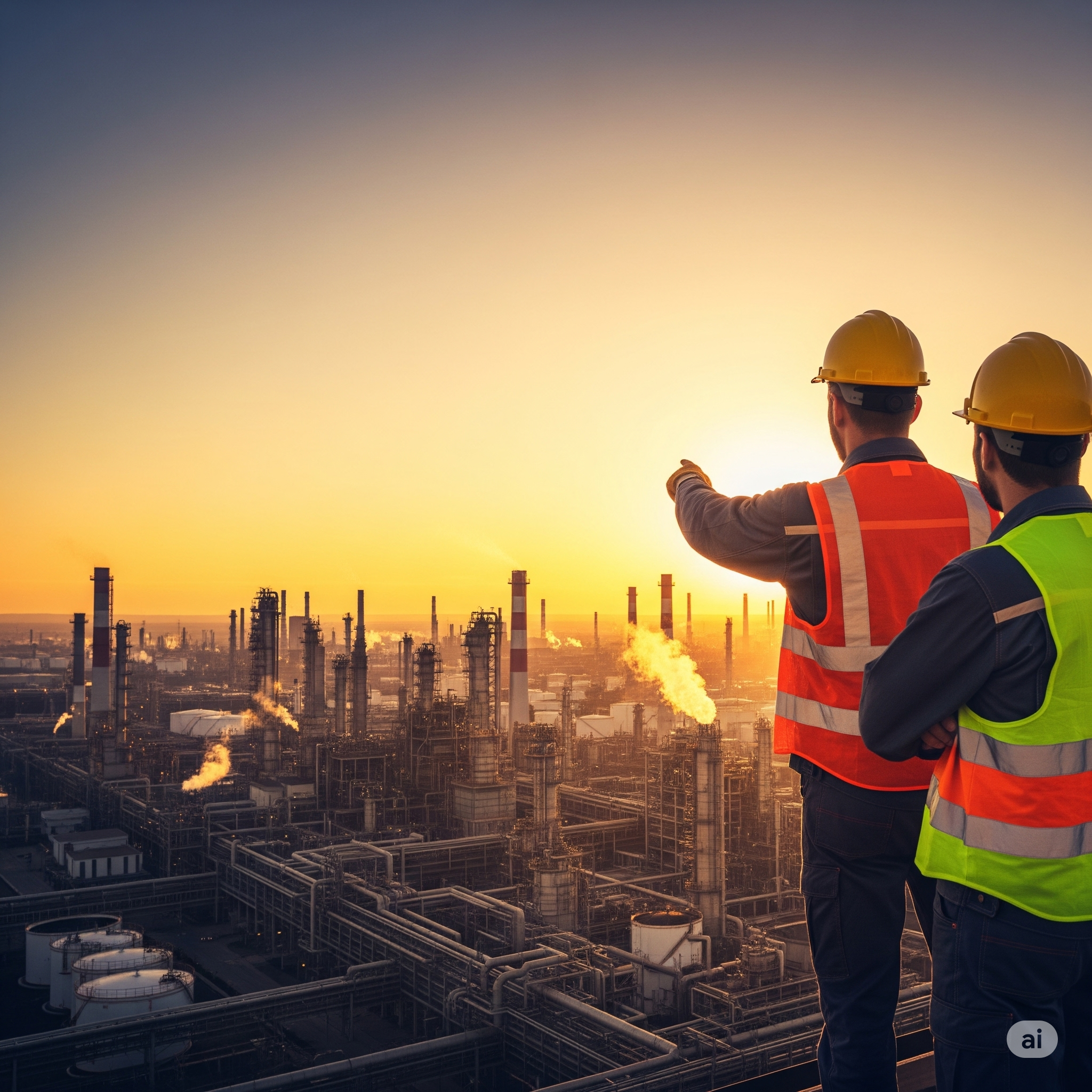 Engineers looking over an industrial complex at sunset